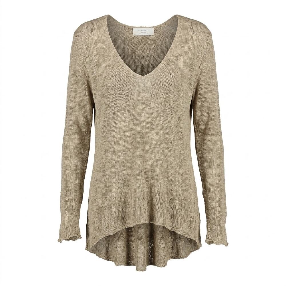 Zara Beige V-Neck Long Sleeve High Low Knit Sweater Women Size M